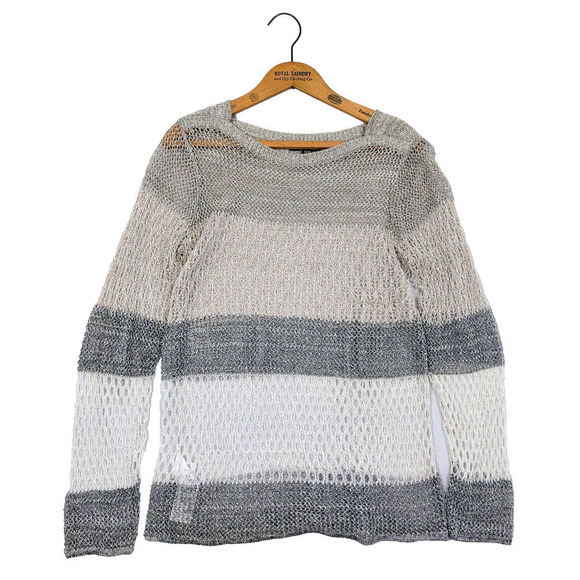 Tommy Bahama Metallic Crochet Sweater Size M Linen Blend Pullover Classic Stripe - Picture 1 of 11